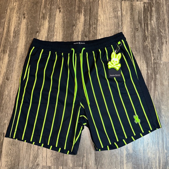 Psycho Bunny Alton Stripe Swim Trunks Men’s Sz Small Navy Neon Yellow Green NWT